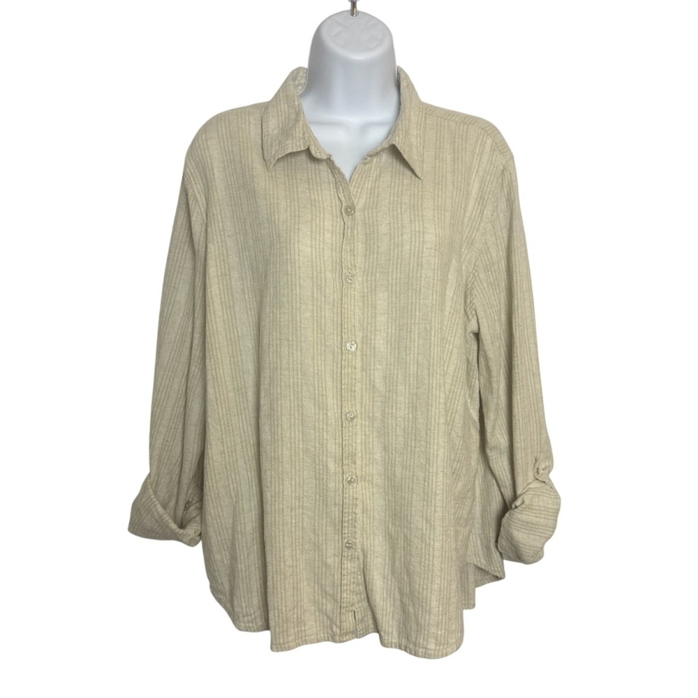 Orvis‎ Womens Large Shirt Beige Lightweight Linen Blend Long Sleeve Button Down